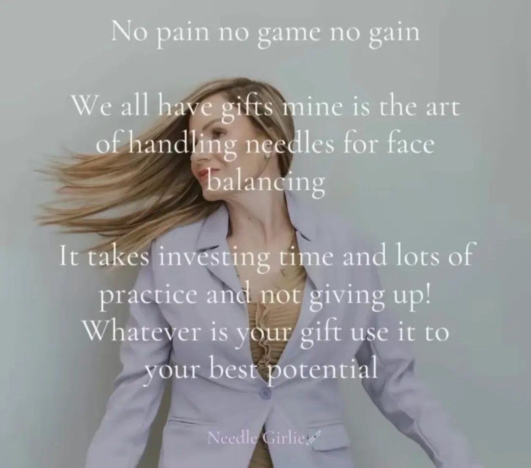 A post from Amy's Instagram: Amy in a lavender blazer, hair in motion, with her note on practicing the craft behind the needle, signed Needle Girlie
